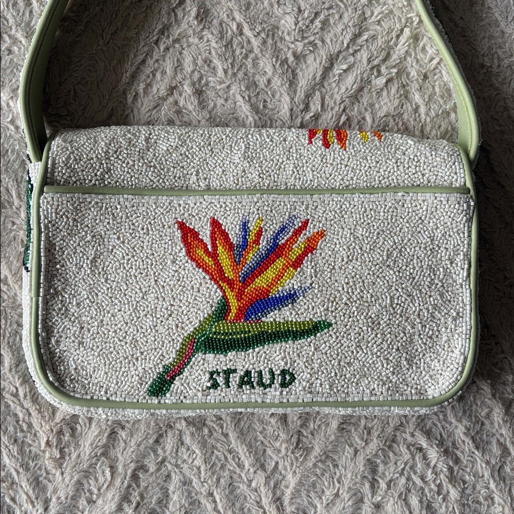 STAUD White Beaded Shoulder Bag with Green Leaves and Orange Floral Accents - Picture 6 of 9